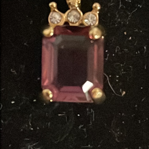0.75” gold tone pendant with prong set amethyst color gem & 3 bezel set crystals - Picture 8 of 14